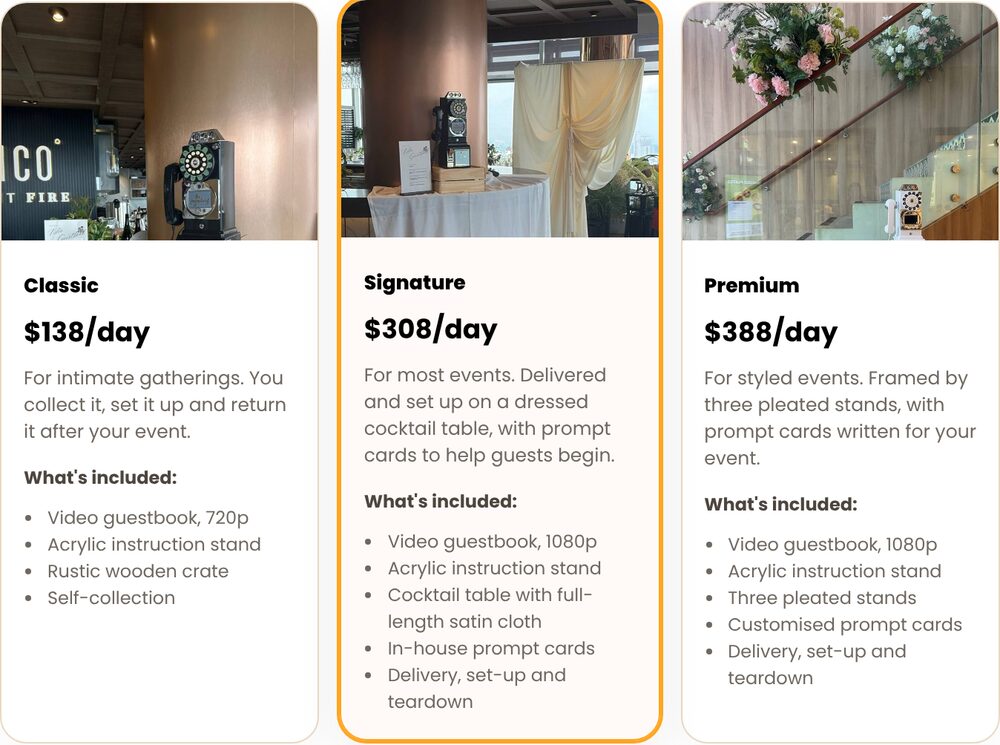 The booking page: choosing the Signature package