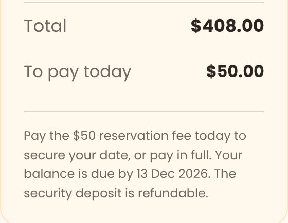 Booking summary: $408 total, $50 to pay today